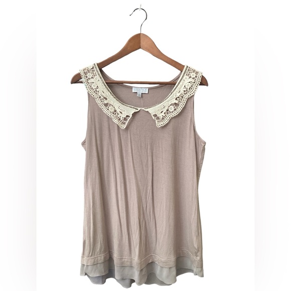 New Taupe Joseph A Lace and Hand Beaded Collar Tank Large - Picture 1 of 5
